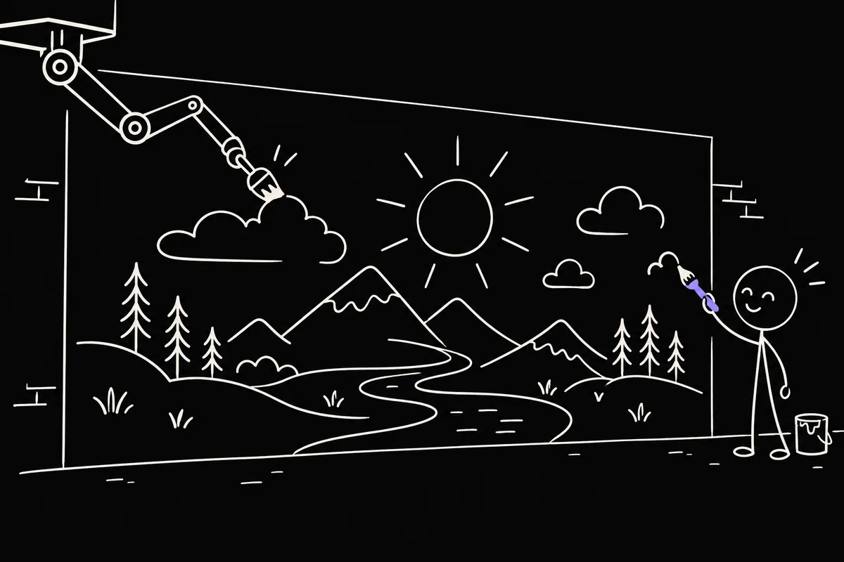 Stick-figure illustration: a robotic arm painting most of a wall mural while a human adds the final details by hand