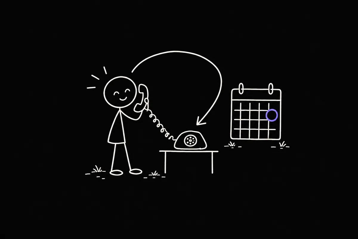 Stick-figure illustration: a caller on the phone with a looping arrow coming back round to the phone, and a wall calendar with one day circled