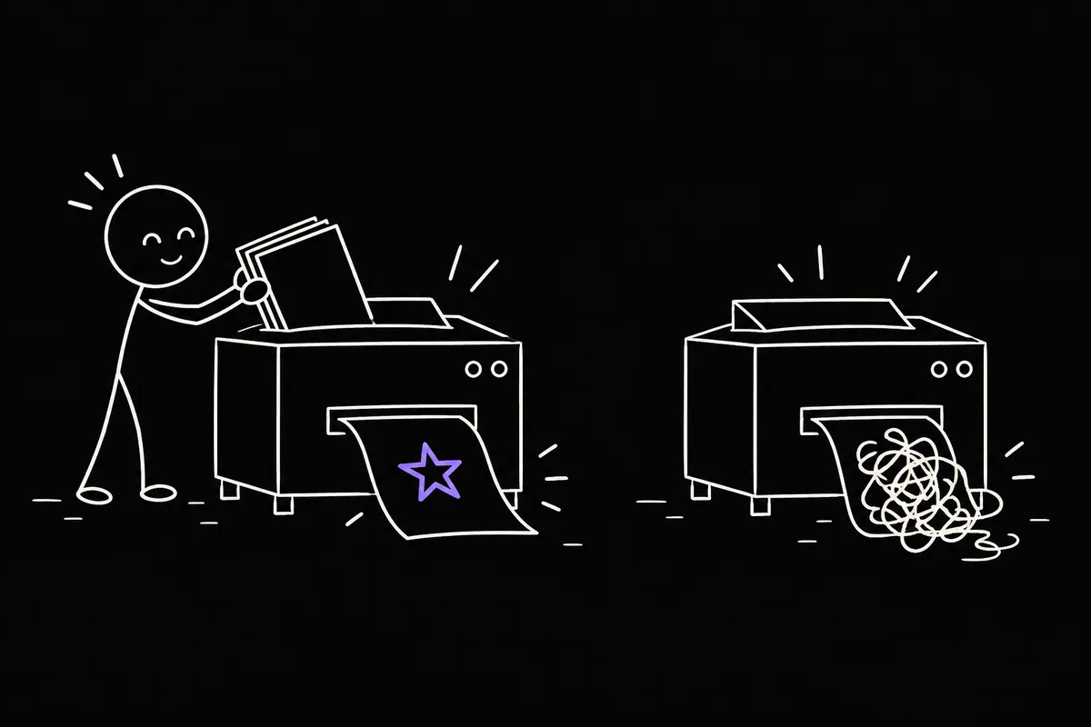Stick-figure illustration: two machines: one fed a full folder of documents producing a sharp colourful poster, the other fed nothing producing grey mush