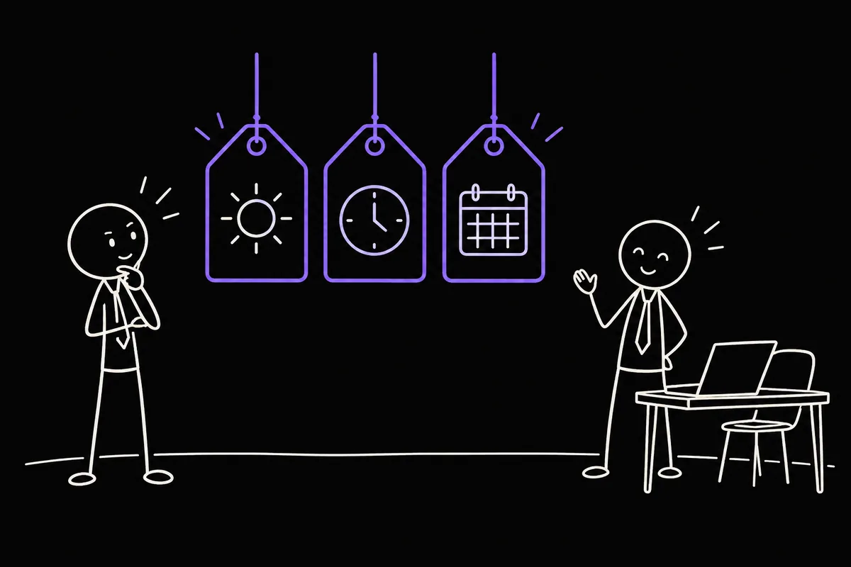 Stick-figure illustration: a business owner looking at three price tags labelled with a sun, a clock and a calendar while a consultant waits beside a desk