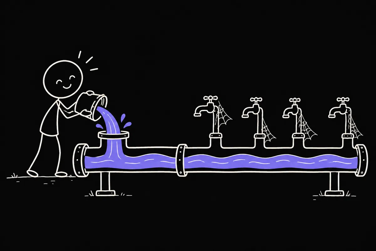 Stick-figure illustration: one thick healthy pipe being fed buckets of water while four neglected rusty taps drip and gather cobwebs