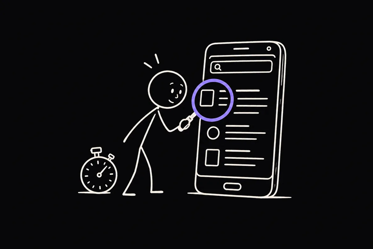 Stick-figure illustration: a curious figure inspecting search results on a phone with a magnifying glass, beside a stopwatch