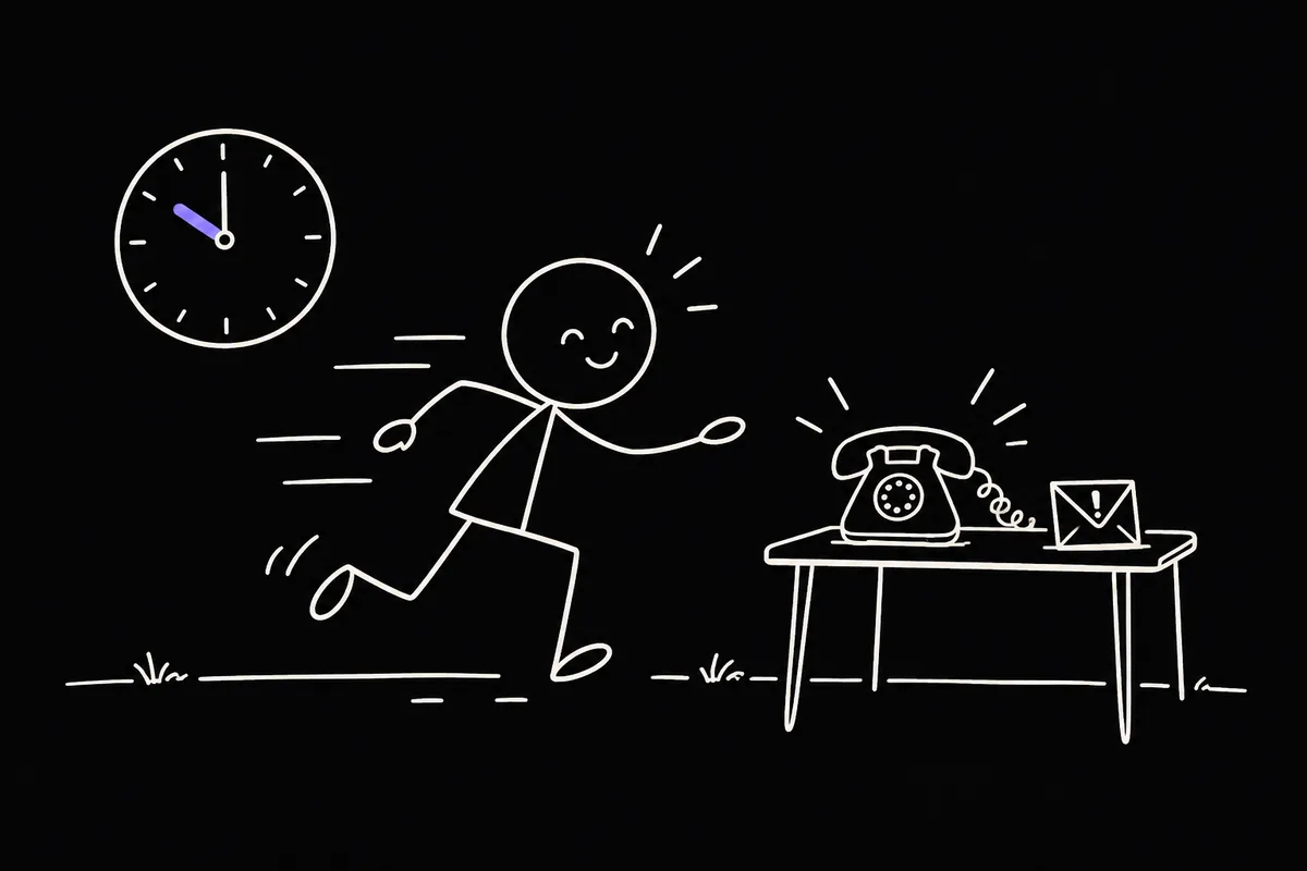 Stick-figure illustration: a figure sprinting towards a ringing desk phone under a big wall clock, with an urgent envelope on the desk
